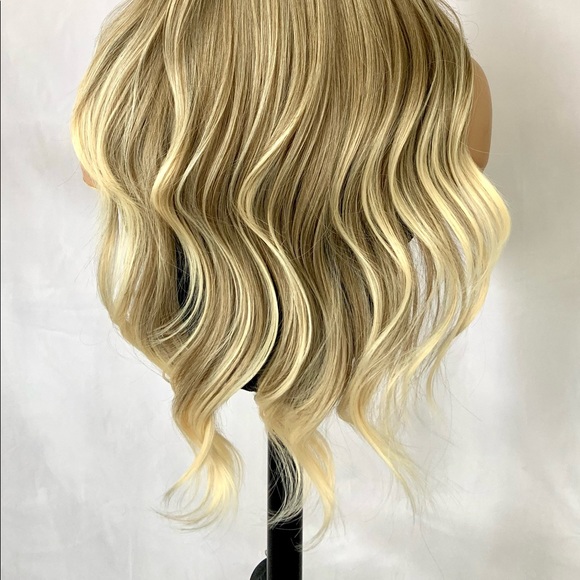 Long Ash Blonde Curling Iron Safe Fiber Wig with Bangs/Effortless Style - Picture 15 of 15